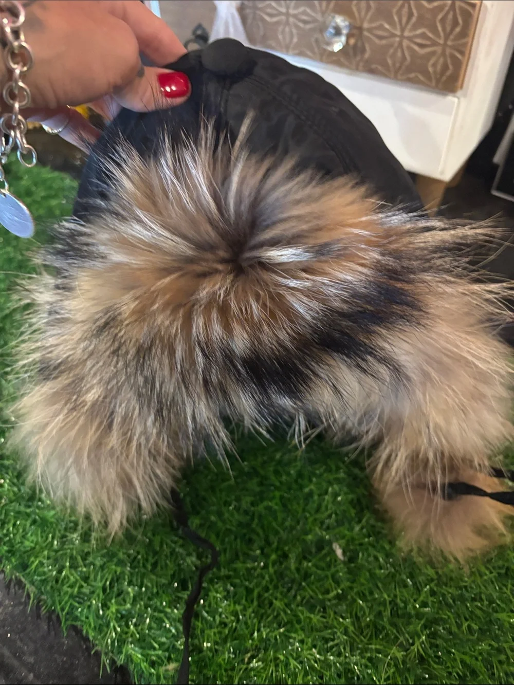 Black Winter Trapper Hat with Tan Faux Fur Trim